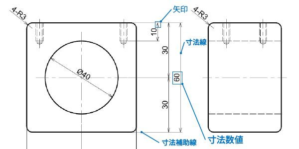 寸法の表し方（寸法線、寸法補助線）